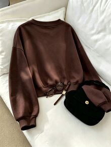 SHEIN EZwear 深棕色寬鬆V領緞面誇張蝴蝶結可愛優雅休閒秋冬女款衛衣早午餐穿搭 - 咖啡棕 - 查看 2