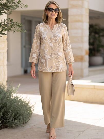 EMERY ROSE Women's Autumn/Winter Printed V-Neck Long Sleeve Shirt And Pants 2 Pieces Set