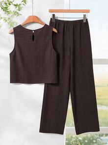 Rusticease Women's Cashew Embroidery Round Neck Tank Top And Long Pants Casual Set - Coffee Brown - View 2
