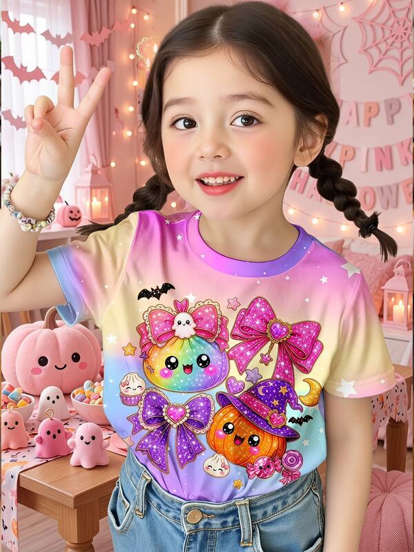 Halloween Sweet Girl Style Colorful Gradient Pumpkin, Bow, Bat Pattern Printed, Young Girl Casual Minimalist Round Neck Short Sleeve T-Shirt Suitable For Halloween New Arrival, Autumn New Arrival, Pumpkin Season Just Waiting For Halloween