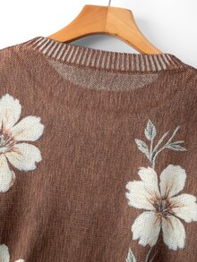 EMERY ROSE Plus Size Casual Floral Print Round Neck Drop Shoulder Long Sleeve Pullover Sweater Winter - Coffee Brown - View 7