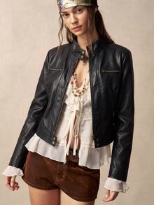 Bohemela Women's Solid Color PU Leather Zipper Casual Versatile Long Sleeve Jacket - Black - View 6