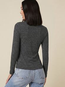 SHEIN BASICS 女款休閒純色方領修身短袖上衣 炭灰色 日常秋季穿搭 - 深灰色 - 查看 2