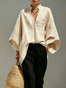 Linhara CURVE Women's Khaki V-Neck Loose 3/4 Sleeve Top, Suitable For Daily Commute, Elegant Gathering, Valentine's Day, Casual Wear, Khaki Shirt, Women's Vacation Outfit, Beach Holiday, Vacation Commute Wear, Summer, Spring, Autumn, Plus Size Shirt - Khaki - View 7