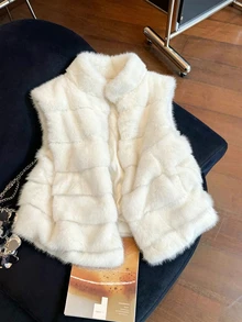 GlowEve Women's Autumn/Winter Sleeveless Faux Fur Jacket Dinner Going Out White Elegant - Beige - View 1