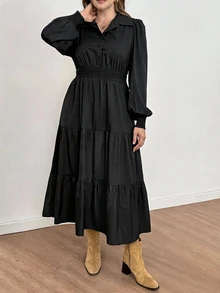 Shapeblank Plus Size Shirred Waist Pocket Button Long Sleeve Dress Fall - Black - View 6