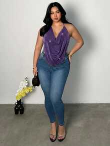 Firerie Plus Size Women's Fashionable Sexy Draped Neck Tank Top - Purple - View 6