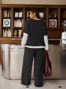 Muchica Plus-Size Black And White Striped Layered T-Shirt And Trouser Set Is Casual And Versatile, Suitable For Home Relaxation In Autumn And Winter. - Black and White - View 2