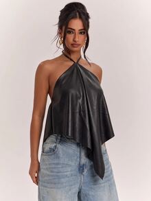 SHEIN BAE 女款休閒度假掛脖露背不對稱下擺黑色純色PU背心，適合海灘度假、海灘假期、姐妹休閒度假，優雅實用黑色PU背心 - 黑色 - 查看 5