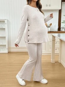 SHEIN Maternity Solid Color Long Sleeve Top And Adjustable Long Pants Casual Daily 2 Pieces Set - Khaki - View 4