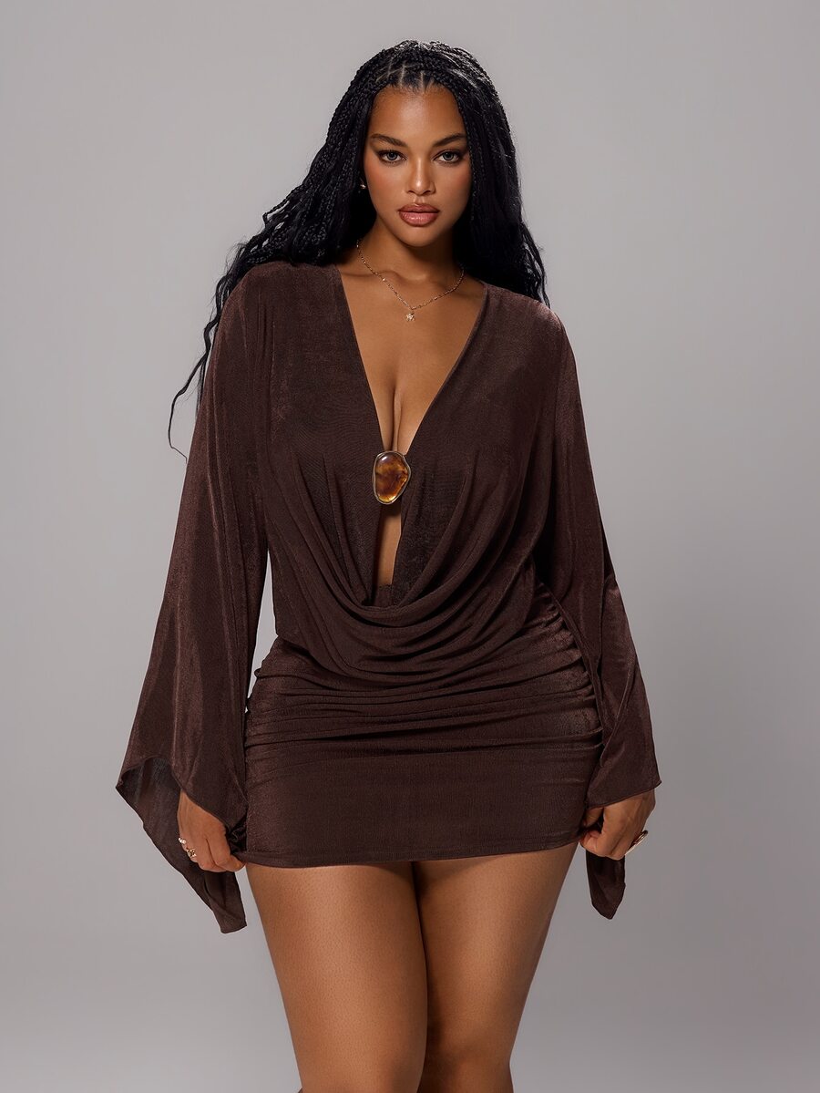 Rustia Plus Size Fashionable Cowl Neck Ruched Bodycon Sexy Elastic Dress - Brown - View 1