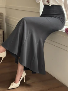 DAZY 女款純色高腰優雅魚尾裙 秋季 - 灰色 - 查看 3