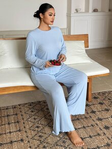 Dazy Plus Spring/Autumn Casual Solid Color Minimalist Knitted Dense Hem Wavy Edge Loungewear Set - Baby Blue - View 4