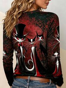 Breezaya Halloween Lady Vampire Cat Family T-Shirt, Cartoon Pattern Long Sleeve Crew Neck Casual Top - Red - View 2