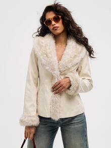 Aloruh Women's Autumn/Winter Fashion Fuzzy Patchwork Regular Coat - Beige - View 4
