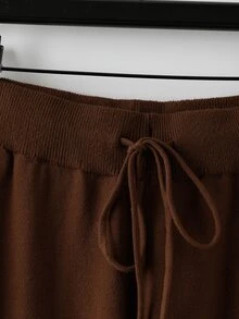 SHEIN Elenzya مجموعة كنزة مخططة بألوان متعددة & بنطال محبوك مقاس كبير - قهوة بني - مشاهدة 6
