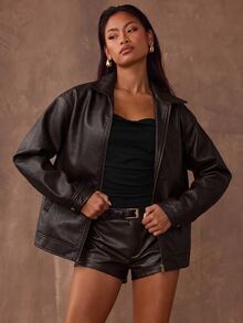 SHEIN BAE 女款秋季時尚復古夾克 - 巧克力棕 - 查看 4