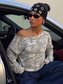 Attitoon Plus Size Women's Off-Shoulder Camouflage Casual Versatile Sweatshirt - Multicolor - View 3