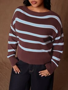 Rustia Plus Size Autumn/Winter Casual Colorblock Striped Sweater - Multicolor - View 1