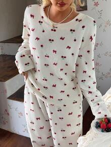 CottageSlumber Romantic Flannel Cherry Bow Print Round Neck Long Sleeve Pants Women's Pajama Set, Autumn/Winter - Multicolor - View 1