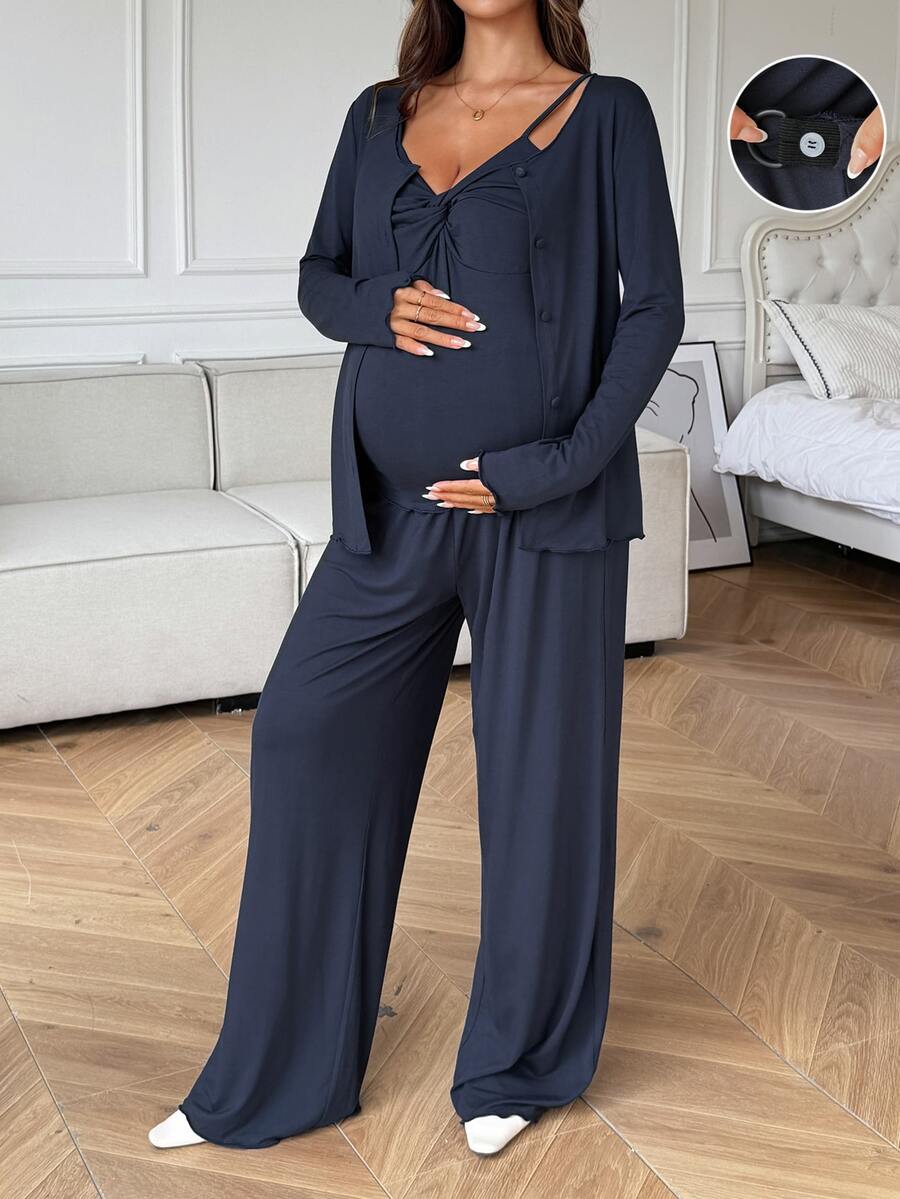 Dazy Maternity Solid Color Fitted Twisted Tank Top, Straight Leg Pants, Loose Cardigan, Casual Home Daily 3-Piece Set, Spring/Autumn Maternity 2-Piece Set - Blue - View 1