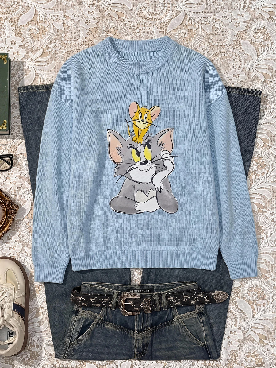 TOM & JERRY X SHEIN SHEIN EZwear 女款卡通圖案藍色寬鬆舒適休閒簡約百搭毛衣,適合外出、街頭穿搭、機場造型 - 藍色 - 查看 1