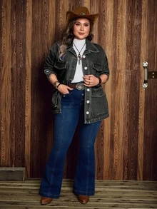 Breezaya Áo khoác denim nữ size lớn phong cách thường ngày, giặt mài, một hàng khuy - màu đen - Xem 5