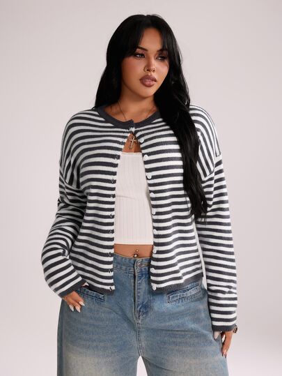Rustia Damen Große Größen Young Street Y2K Kontraststreifen Langarm Knopf-Cardigan Dünner Pullover Herbst/Winter
