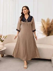 Lacomfia Gaun Wanita Ukuran Besar dengan Detail Renda Kontras di Bagian Depan dan Lengan 3/4 yang Diikat - Kuning - View 5