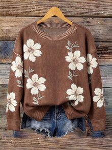 EMERY ROSE Plus Size Casual Floral Print Round Neck Drop Shoulder Long Sleeve Pullover Sweater Winter - Coffee Brown - View 1