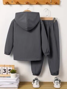 SHEIN 2件組兒童淺藍色夾克 + 棕色厚抓絨內裡梭織長褲套裝，適合通勤、上學、休閒穿著、度假、運動、冬季與新年出遊 - 藏蓝色 - 查看 2