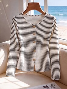 Franclia Blue White Stripe Plus Size Fitted Short Cardigan, Round Neck Long Sleeve Floral Button Design, Casual Elegant Sailor Classy Top Women, Fall - Multicolor - View 4