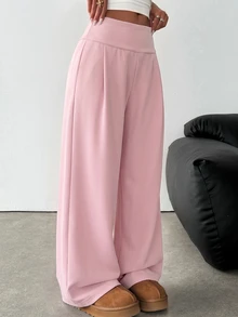 SHEIN Teen Girl Knit Light Pink Loose Casual Drawstring Pocket Wide Leg Sweatpants - Pink - View 5