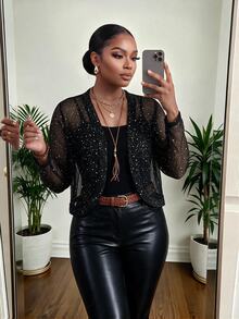 SHEIN Lady Jaket Wanita Ukuran Besar Lengan Panjang Mengkilap dengan Bukaan Depan untuk Halloween, Koktail, Acara Formal, Musim Panas, Elegan, Gaya Gotik - Hitam - View 3