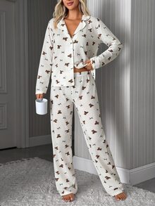 SHEIN Teddy Bear & Bow Print Button Front Casual Pajama Set - Multicolor - View 4