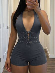 Slaydiva Women's Solid Color Chicken Eye Decor Casual Versatile Daily Wear Halter Neck Romper - Grey - View 3
