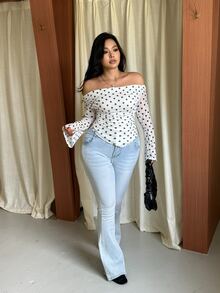 GalTyme 大尺碼女款露肩波點休閒T恤 - 黑與白 - 查看 5