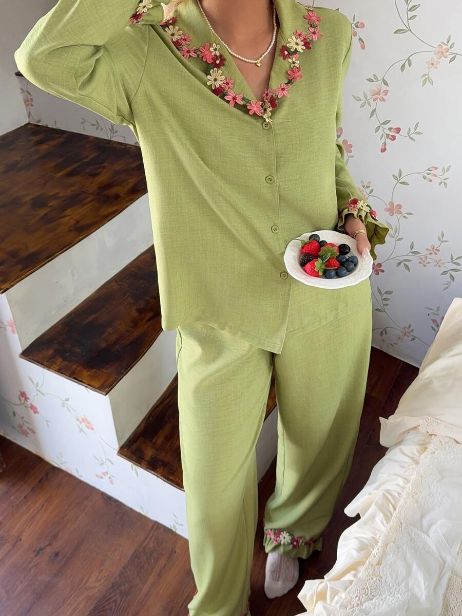 CottageSlumber Women's Embroidered Lace Trim Lapel Open Front Long Sleeve Pajama Set With Long Pants - Green - View 1