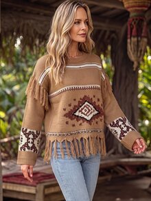 Holdful Holdful Herbst Neu Braun und Weiß Quasten Jacquard Design Locker Faul Boho Damen Pullover Urlaub - Braun - Übersicht 7