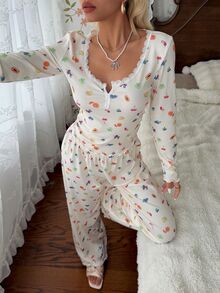 CottageSlumber Women's Pastoral Fruit Print Lace Collar Long Sleeve Long Pants Pajama Set - Apricot - View 6
