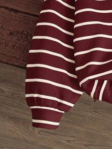 SHEIN 青少年女孩秋冬新款粉色與棕色條紋寬鬆運動衫 - 紅色 - 查看 4