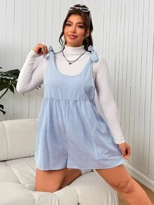 SHEIN EZwear 大尺碼女款條紋肩結休閒連身短褲 - 藍白色 - 查看 5