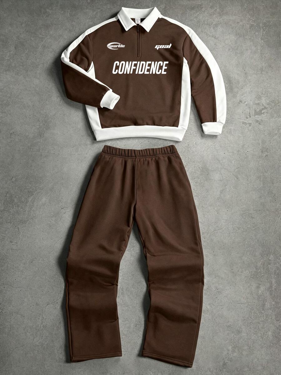 SHEIN Teen Boys Casual Comfortable Versatile Colorblock Polo Collar Sweatshirt & Long Pants Set - Multicolor - View 1