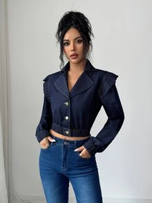 Elenzga Damers mode street kort denimtopp med knappar - Blå - Visa 4