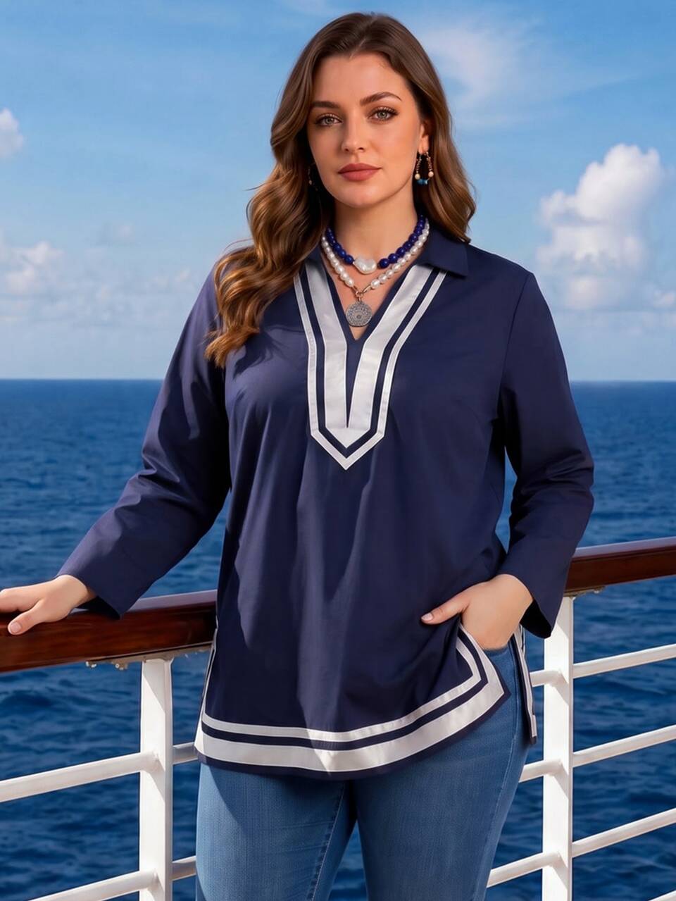 Plus Size Women Autumn/Winter Casual Vacation  Navy Blue Colorblock Long Sleeve Shirt Blouse,Fall Top,Going Out Outfits,Daily Wear,Concert,Holiday