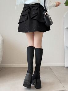 FRIFUL Women's Autumn Bowknot Decor Short Skirt - Black - View 5