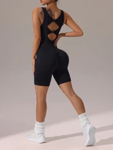 Slayform Slayform Women's Solid Color Back Twist Cutout Design Sleeveless Sports Romper - Black - View 1