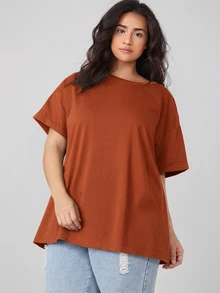 SHEIN BASICS 大尺碼捲袖口純色夏季上衣 - 鏽棕色 - 查看 6