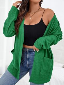 SHEIN Essnce 大尺碼女款純色休閒百搭日常長袖夾克 - 綠色 - 查看 4