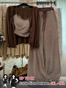 SHEIN CURVE+ Knitted Solid Color Front Button Cardigan With Striped Trim, Slim Fit Camisole With Drawstring Detail, Elegant Casual Commute Daily Outing Long Pants Plus Size 2-Piece Set - Coffee Brown - View 1